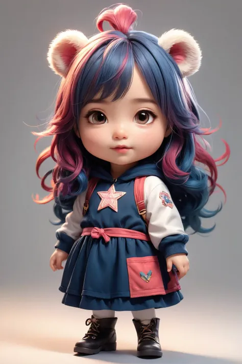 full body goat doll,masterpiece,best quality,8k,cinematic light,ultra high res,bear ears red,chibi,1girl Wearing a blue Argentine jersey,child,pink hair,multicolored hair,long hair,solo,dress,star hair ornament,blue hair,star \(symbol\),bangs,gradient hair,artist name,gradient,smile,closed mouth,full body,pink background,(masterpiece:1.2),best quality,highres,extremely detailed CG,perfect lighting,8k wallpaper,