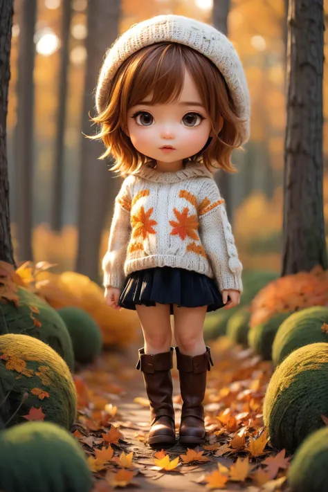 masterpiece,best quality,1girl,solo,cute,wide-eyed,chibi,child,Orange hair,(Cozy_knit_sweater:1.5),(Corduroy_skirt:1.4),(Knee-high_boots:1.3),(Autumn_forest_background:1.4),