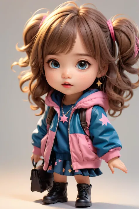 (masterpiece:1,2),(best quality:1.2),(ultra detail:1.3),1girl,star (symbol),star hair ornament,pink hair,solo,skirt,twintails,hair ornament,blue eyes,hood,hood down,pink footwear,backpack,female child,earrings,freckles,long sleeves,star print,jewelry,jacket,open clothes,bangs,child,full body,hoodie,drawstring,pink skirt,open jacket,shoes,standing,long hair,bag,pantyhose,gradient,pink background,blurry,boots,stuffed toy,pocket,blunt bangs,gradient background,simple background,