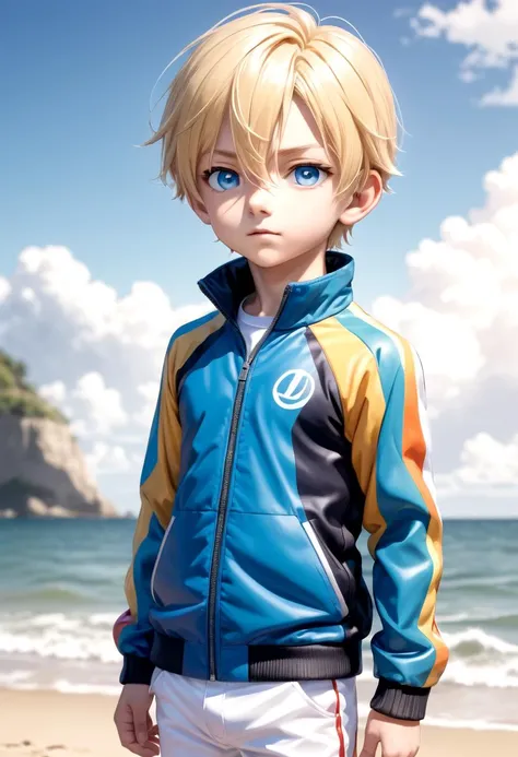 sota, solo,looking at viewer,short hair,bangs,blue eyes,blonde hair,long sleeves,1boy,hair between eyes,closed mouth,standing,jacket,male focus,cowboy shot,outdoors,sky,day,pants,cloud,water,blurry,blue sky,blurry background,ocean,beach,child,multicolored clothes,zipper,track jacket,white pants,arms at sides,male child,waves,multicolored jacket,two-tone jacket,
(masterpiece:1.2), best quality, high resolution, unity 8k wallpaper, (illustration:0.8), (beautiful detailed eyes:1.6), extremely detailed face, perfect lighting, extremely detailed CG, (perfect anatomy),