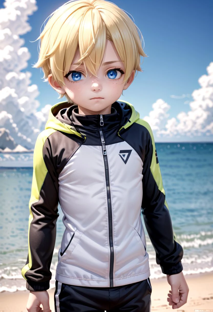<lora:sota_epoch_13:0.6>,sota, solo,looking at viewer,short hair,bangs,blue eyes,blonde hair,long sleeves,1boy,hair between eyes,closed mouth,standing,wide rashguard jacket,male focus,cowboy shot,outdoors,sky,day,pants,cloud,hood,water,blue sky,ocean,beach,black pants,hood down,child,multicolored clothes,zipper,horizon,male ,wall,multicolored jacket,two-tone jacket , (masterpiece:1.2), best quality, high resolution, unity 8k wallpaper, (illustration:0.8), (beautiful detailed eyes:1.6), extremely detailed face, perfect lighting, extremely detailed CG,
The soft lighting and detailed surroundings create an immersive environment where imagination runs wild hyper-detailed,hyper-detailed face, high quality visuals, dim Lighting, sharply focused, octane render, 8k UHD