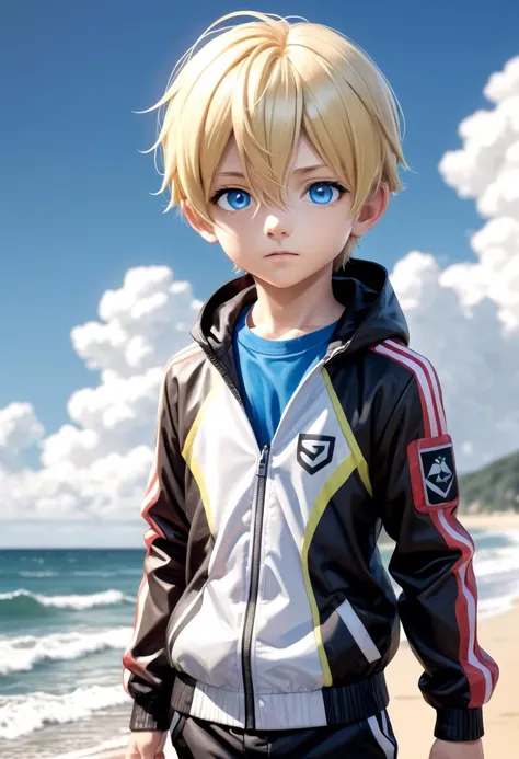 sota, solo,looking at viewer,short hair,bangs,blue eyes,blonde hair,long sleeves,1boy,hair between eyes,closed mouth,standing,jacket,male focus,cowboy shot,outdoors,sky,day,pants,cloud,hood,water,blue sky,ocean,beach,black pants,hood down,child,multicolored clothes,zipper,horizon,male child,wall,multicolored jacket,two-tone jacket
,
(masterpiece:1.2), best quality, high resolution, unity 8k wallpaper, (illustration:0.8), (beautiful detailed eyes:1.6), extremely detailed face, perfect lighting, extremely detailed CG, (perfect anatomy),