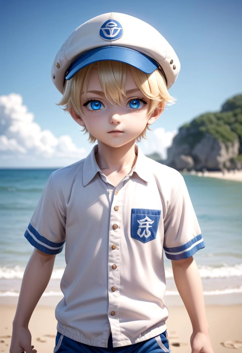1boy, aoki, blonde hair, hat, masterpiece, ultra detail, beach, blue eyes, cute shirt, shorts, standing, full shot,
(masterpiece:1.2), best quality, high resolution, unity 8k wallpaper, (illustration:0.8), (beautiful detailed eyes:1.6), extremely detailed face, perfect lighting, extremely detailed CG, (perfect anatomy),