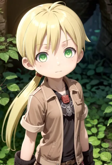 <lora:rikosdxl:0.5>
 1girl, riko, she has blonde hair. green eyes, twintails black shirt, she is wearing a brown short-sleeved jacket, (red whistle:1.2) as a pendant, draw it in the style of made in abyss, 
The soft lighting and detailed surroundings create an immersive environment where imagination runs wild high quality visuals, dim Lighting, sharply focused, octane render, 8k UHD