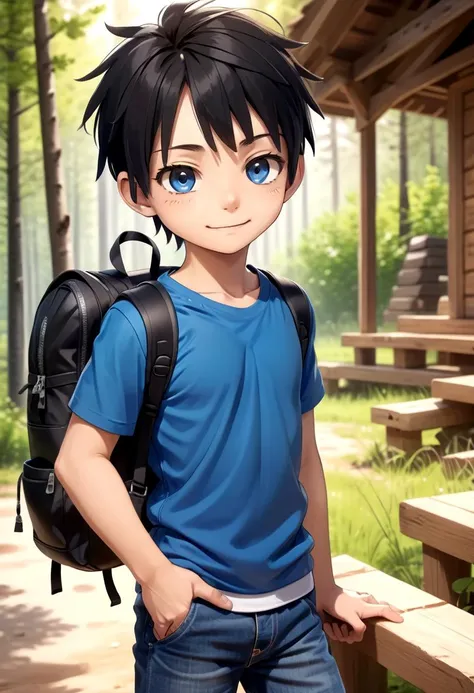 <lora:cutifiedanimecharacterdesign_variant_type_D_SDXL_v10:0.6> type-d, solo, looking at viewer, smile, short hair, blue shirt, black hair, 1boy, brown eyes, male focus, male child, wooden village, forest, full shot, sneakers, (cowboy shot;1,2), front facing viewer, outside, bagpack
(masterpiece:1.2), best quality, high resolution, unity 8k wallpaper, (illustration:0.8), (beautiful detailed eyes:1.6), extremely detailed face, perfect lighting, extremely detailed CG, (perfect anatomy),