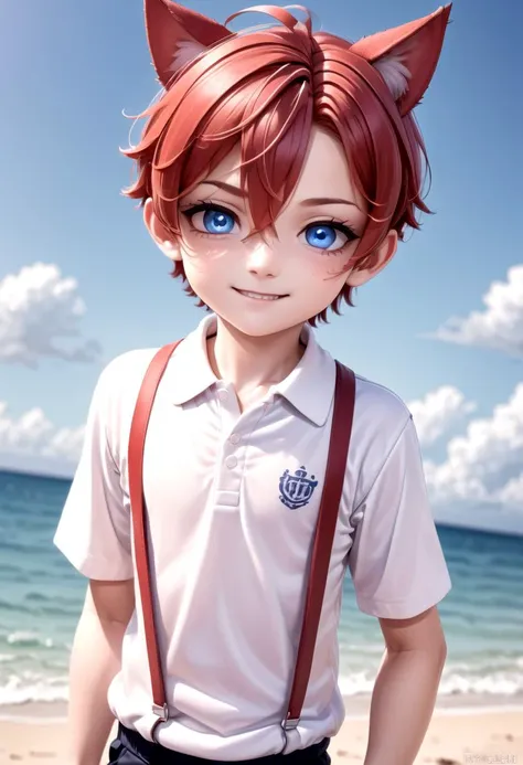 <lora:Aki_epoch_13:0.6>, (1boy:1.2), beach, smile, ( crimson cat ears:1.4), (red ears), male face, male body, more details in eyes, (very short hair:1.2), hair between eyes, cute, adorable boy, cute face, detailed face, handsome, young, juvenile, white skin, eyeshadow, crew cut, crimson hair, details sky, looking at viewer, blush, blue eyes, full shot, red suspenders, (pants), (white polo shirt), aki,petite,
(masterpiece:1.2), best quality, high resolution, unity 8k wallpaper, (illustration:0.8), (beautiful detailed eyes:1.6), extremely detailed face, perfect lighting, extremely detailed CG, (perfect anatomy),