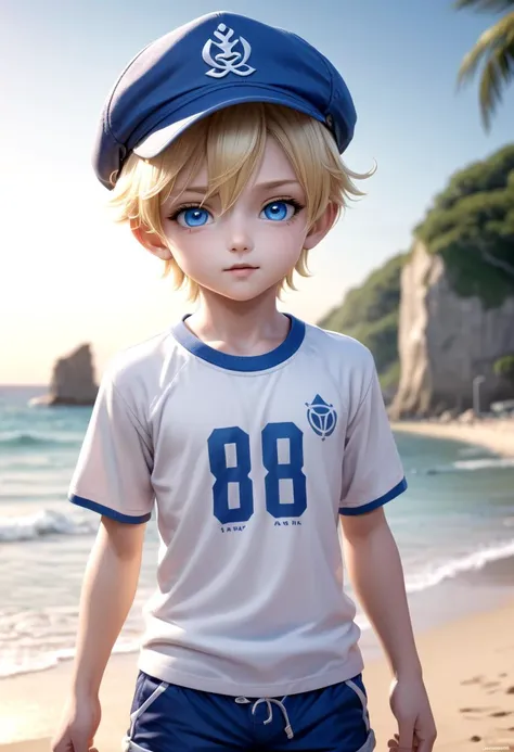 1boy, aoki, blonde hair, hat, masterpiece, ultra detail, beach, blue eyes, cute shirt, shorts, standing, full shot,
(masterpiece:1.2), best quality, high resolution, unity 8k wallpaper, (illustration:0.8), (beautiful detailed eyes:1.6), extremely detailed face, perfect lighting, extremely detailed CG, (perfect anatomy),