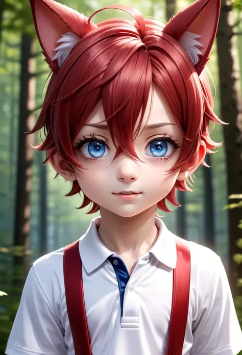 1boy, aki, crimson hair, crimson animal ears, forest, blue eyes, white polo shirt, red suspenders,
(masterpiece:1.2), best quality, high resolution, unity 8k wallpaper, (illustration:0.8), (beautiful detailed eyes:1.6), extremely detailed face, perfect lighting, extremely detailed CG, (perfect anatomy),