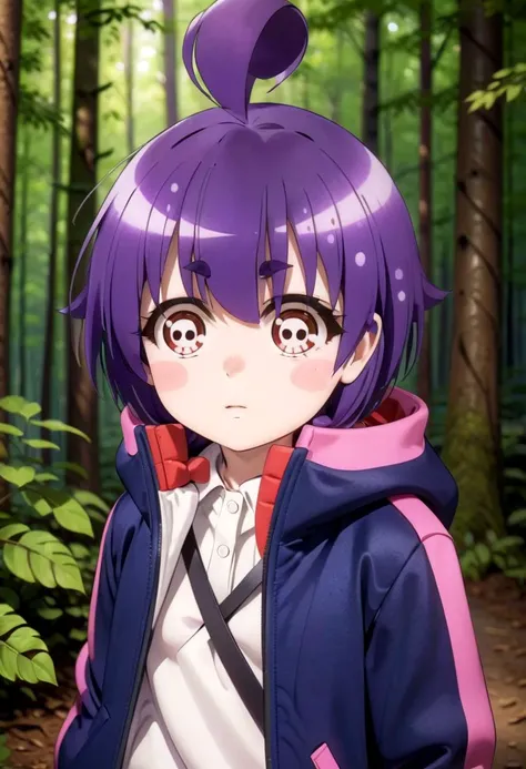 1girl named yayoi_hozuki, she has short purple hair with bangs, Her eyes are red with a skill pattern, she is wearing a long sleeved jacket and a white shirt, she is standing in the forest, The soft lighting and detailed surroundings create an immersive environment where imagination runs wild hyper-detailed,hyper-detailed face, high quality visuals, dim Lighting, sharply focused, octane render, 8k UHD <lora:dark-gathering-yayoi-sdxl-v10:0.7>