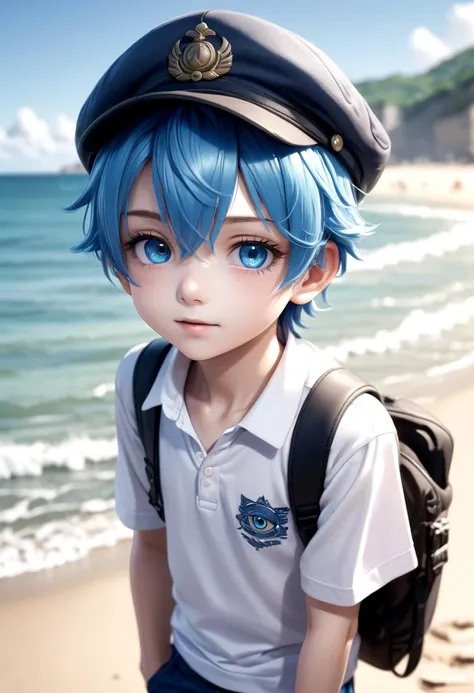 1boy, aoi, blue hair, hat, masterpiece, ultra detail, beach, blue eyes, cute shirt
(masterpiece:1.2), best quality, high resolution, unity 8k wallpaper, (illustration:0.8), (beautiful detailed eyes:1.6), extremely detailed face, perfect lighting, extremely detailed CG, (perfect anatomy),