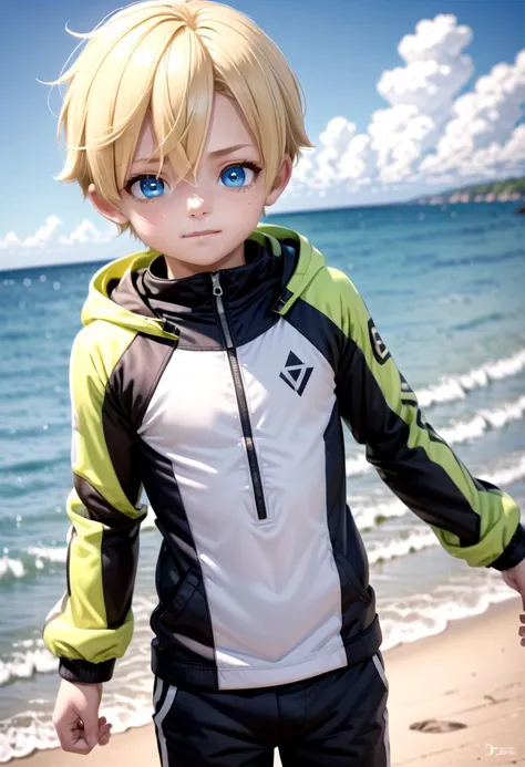 (1boy:1.4), (very short hair), crew cut, (solo:1.4), sfw, (bulge:0.4), male character, ((masterpiece)),
multicolored background, hair between eyes, highlight in eyes, (blonde hair:1.4)
(blue rashguard :1.1), (hot pants:1.2) , colorful eyes,  male character, male focus,
multiple details, sky, sea, beach , outside, short hair, handsome,  beautiful eyes (vocaloid), delicate features, high light in eyes, (narrow chin:1.5), triangle chin, (introvert:1.6)
petite, young, juvenile, short hair, male face, detailed beautiful little boy, adorable boy, sparkling eyes,
evil grin,  energetic eyes