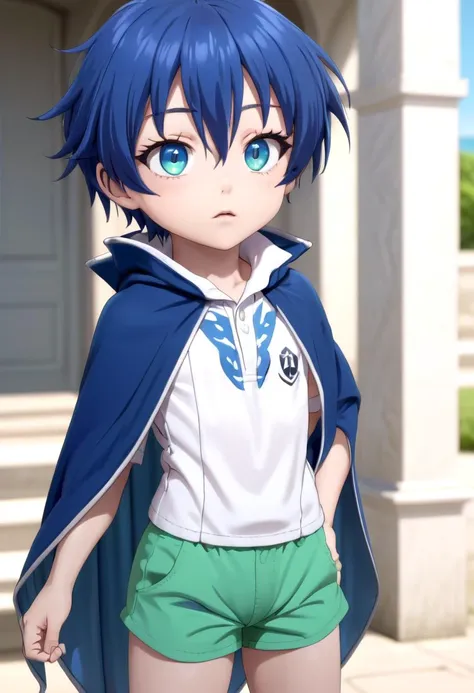 <lora:san_lloyd-de-saloum:0.60>,1boy, lloyd, green shorts,blue hair, masterpiece, ultra detail, blue eyes, (dark blue cape), petite, (masterpiece:1.2), best quality, high resolution, unity 8k wallpaper, (illustration:0.8), (beautiful detailed eyes:1.6), extremely detailed face, perfect lighting, extremely detailed CG, (perfect anatomy), anime style, standing