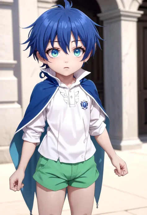 <lora:san_lloyd-de-saloum:0.60>,1boy, lloyd, green shorts,blue hair, masterpiece, ultra detail, blue eyes, (dark blue cape), petite, (masterpiece:1.2), best quality, high resolution, unity 8k wallpaper, (illustration:0.8), (beautiful detailed eyes:1.6), extremely detailed face, perfect lighting, extremely detailed CG, (perfect anatomy), anime style, standing , white shirt