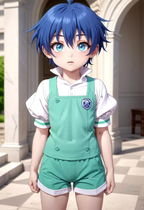 <lora:san_lloyd-de-saloum:0.6>,1boy, lloyd, green shorts,short sleeves,blue hair, masterpiece, ultra detail, blue eyes, puffy sleeves, (masterpiece:1.2), best quality, high resolution, unity 8k wallpaper, (illustration:0.8), (beautiful detailed eyes:1.6), extremely detailed face, perfect lighting, extremely detailed CG, (perfect anatomy), anime style, standing
