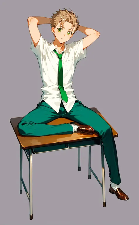 best quality, masterpiece, score_9, score_8_up, score_7_up, rating_safe, source_anime,
1boy, solo, adult, sitting on desk, desk, school desk, green gakuran, brown shoes, green eyes, light brown hair, green male uniform, white shirt, green tie, green long trousers,
simple background, empty background, photoshoot,