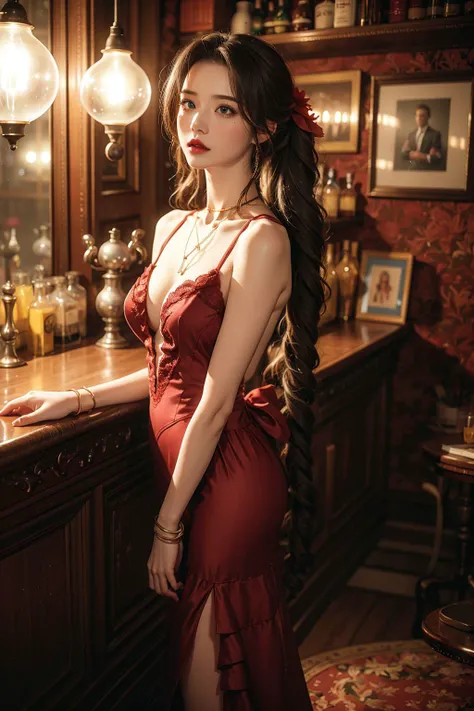 illustration,an extremely delicate and beautiful,CG,unity,8k wallpaper,Amazing,finely detail,official art,extremely detailed CG unity 8k wallpaper,incredibly absurdres,huge filesize,ultra-detailed,highres,extremely detailed, 1girl,realistic, <lora:Twilight_Tavern V2:0.8>, <lora:aerith-nvwls-v1-final:0.8> aerith gainsborough, choker, hair bow, bracelet, very long hair, hair ribbons, hair flowers, high heels
