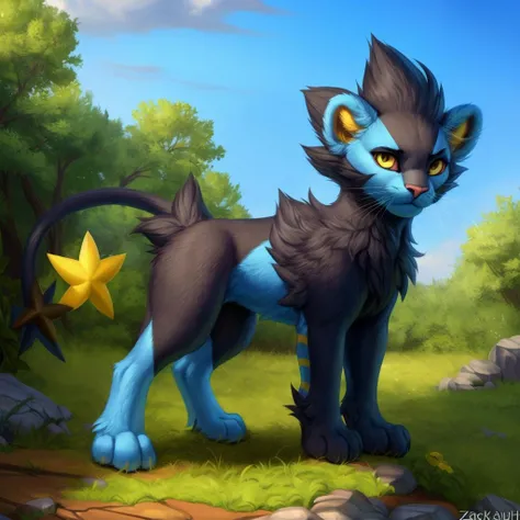 <lora:luxray-06:1>, luxray, yellow eyes, red sclera, (pose:1.3), (posing:1.3), (soft shading), 4k, hi res, ((detailed face, (detailed eyes:1.0), detailed)), (full body), by zackarry911, by zaush, (by personalami:0.5), feral, tail,