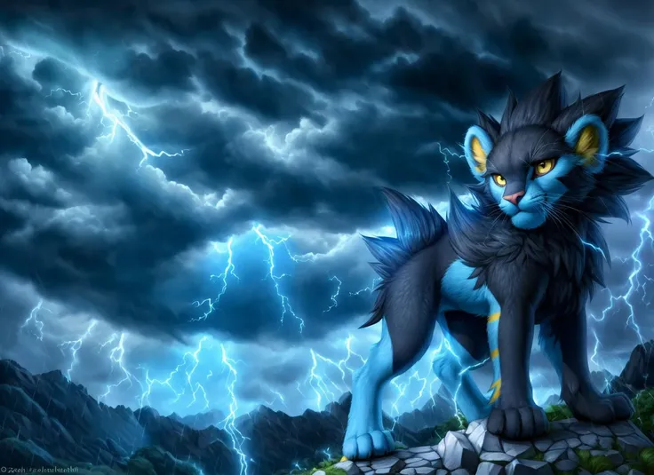 <lora:luxray-06:1>, luxray, yellow eyes, red sclera, (pose:1.3), (posing:1.3), (soft shading), 4k, hi res, ((detailed face, (detailed eyes:1.0), detailed)), (full body), by zackarry911, by zaush, (by personalami:0.5), feral, (tail:1.0), outdoors, storm, thunder, electricity, electricity surrounding luxray, surrounded by electricity, male focus