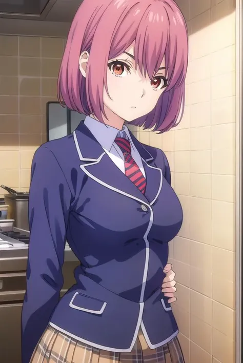 hisakoarato, <lora:hisako arato s1-lora-nochekaiser:1>,
hisako arato, short hair, (red eyes:1.3), pink hair,
BREAK skirt, school uniform, jacket, pleated skirt, necktie, striped, plaid, plaid skirt, blazer, striped necktie,
BREAK indoors, kitchen,
BREAK looking at viewer, (cowboy shot:1.5),
BREAK <lyco:GoodHands-beta2:1>, (masterpiece:1.2), best quality, high resolution, unity 8k wallpaper, (illustration:0.8), (beautiful detailed eyes:1.6), extremely detailed face, perfect lighting, extremely detailed CG, (perfect hands, perfect anatomy),
