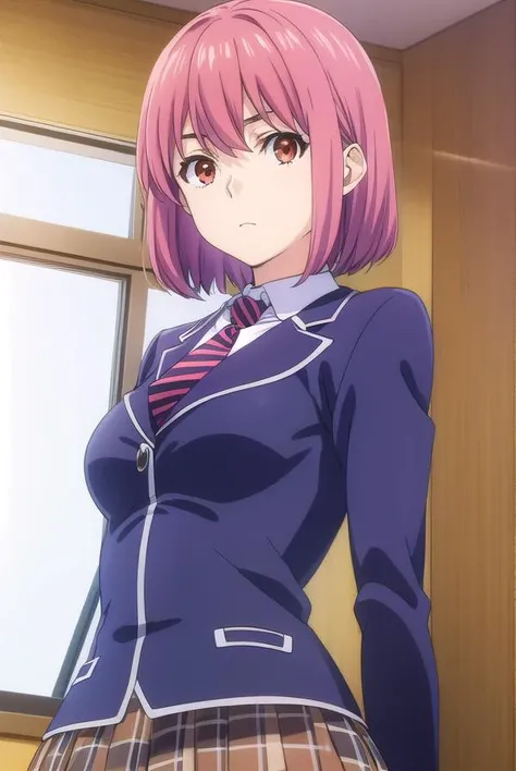 hisakoarato, <lora:hisako arato s1-lora-nochekaiser:1>,
hisako arato, short hair, (red eyes:1.3), pink hair,
BREAK skirt, school uniform, jacket, pleated skirt, necktie, striped, plaid, plaid skirt, blazer, striped necktie,
BREAK indoors, kitchen,
BREAK looking at viewer, (cowboy shot:1.5),
BREAK <lyco:GoodHands-beta2:1>, (masterpiece:1.2), best quality, high resolution, unity 8k wallpaper, (illustration:0.8), (beautiful detailed eyes:1.6), extremely detailed face, perfect lighting, extremely detailed CG, (perfect hands, perfect anatomy),