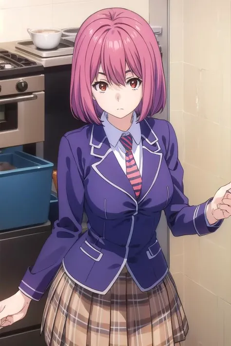 hisakoarato, <lora:hisako arato s1-lora-nochekaiser:1>,
hisako arato, short hair, (red eyes:1.3), pink hair,
BREAK skirt, school uniform, jacket, pleated skirt, necktie, striped, plaid, plaid skirt, blazer, striped necktie,
BREAK indoors, kitchen,
BREAK looking at viewer, (cowboy shot:1.5),
BREAK <lyco:GoodHands-beta2:1>, (masterpiece:1.2), best quality, high resolution, unity 8k wallpaper, (illustration:0.8), (beautiful detailed eyes:1.6), extremely detailed face, perfect lighting, extremely detailed CG, (perfect hands, perfect anatomy),