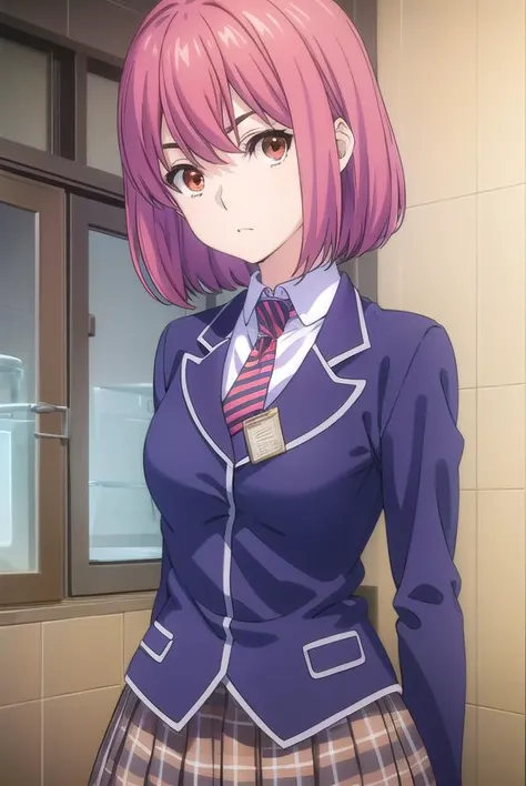 hisakoarato, <lora:hisako arato s1-lora-nochekaiser:1>,
hisako arato, short hair, (red eyes:1.3), pink hair,
BREAK skirt, school uniform, jacket, pleated skirt, necktie, striped, plaid, plaid skirt, blazer, striped necktie,
BREAK indoors, kitchen,
BREAK looking at viewer, (cowboy shot:1.5),
BREAK <lyco:GoodHands-beta2:1>, (masterpiece:1.2), best quality, high resolution, unity 8k wallpaper, (illustration:0.8), (beautiful detailed eyes:1.6), extremely detailed face, perfect lighting, extremely detailed CG, (perfect hands, perfect anatomy),