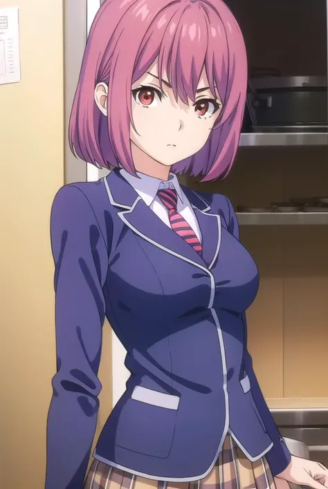 hisakoarato, <lora:hisako arato s1-lora-nochekaiser:1>,
hisako arato, short hair, (red eyes:1.3), pink hair,
BREAK skirt, school uniform, jacket, pleated skirt, necktie, striped, plaid, plaid skirt, blazer, striped necktie,
BREAK indoors, kitchen,
BREAK looking at viewer, (cowboy shot:1.5),
BREAK <lyco:GoodHands-beta2:1>, (masterpiece:1.2), best quality, high resolution, unity 8k wallpaper, (illustration:0.8), (beautiful detailed eyes:1.6), extremely detailed face, perfect lighting, extremely detailed CG, (perfect hands, perfect anatomy),