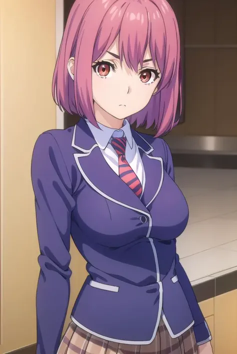hisakoarato, <lora:hisako arato s1-lora-nochekaiser:1>,
hisako arato, short hair, (red eyes:1.3), pink hair,
BREAK skirt, school uniform, jacket, pleated skirt, necktie, striped, plaid, plaid skirt, blazer, striped necktie,
BREAK indoors, kitchen,
BREAK looking at viewer, (cowboy shot:1.5),
BREAK <lyco:GoodHands-beta2:1>, (masterpiece:1.2), best quality, high resolution, unity 8k wallpaper, (illustration:0.8), (beautiful detailed eyes:1.6), extremely detailed face, perfect lighting, extremely detailed CG, (perfect hands, perfect anatomy),