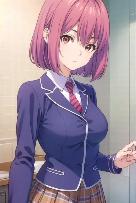 hisakoarato, <lora:hisako arato s1-lora-nochekaiser:1>,
hisako arato, short hair, (red eyes:1.3), pink hair,
BREAK skirt, school uniform, jacket, pleated skirt, necktie, striped, plaid, plaid skirt, blazer, striped necktie,
BREAK indoors, kitchen,
BREAK looking at viewer, (cowboy shot:1.5),
BREAK <lyco:GoodHands-beta2:1>, (masterpiece:1.2), best quality, high resolution, unity 8k wallpaper, (illustration:0.8), (beautiful detailed eyes:1.6), extremely detailed face, perfect lighting, extremely detailed CG, (perfect hands, perfect anatomy),