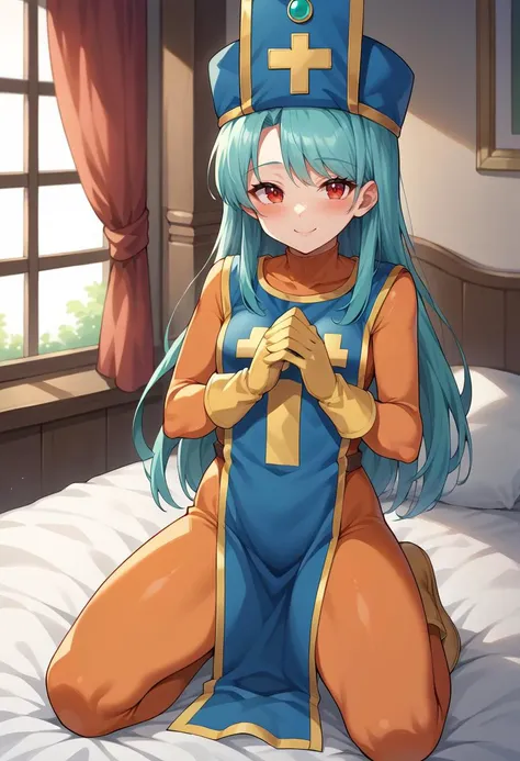 score_9, score_8_up, score_7_up, source_anime,
dqpriest, <lora:dq-priest-ponyxl-lora-nochekaiser:1>,
priest, aqua hair, blue hair, long hair, red eyes,
bodysuit, boots, cross, gloves, hat, mitre, orange bodysuit, tabard,
indoors, bed, bed room, on back, arm support, arms up, incoming hug, pov, reaching, reaching towards viewer,
looking at viewer, dutch angle, cowboy shot,