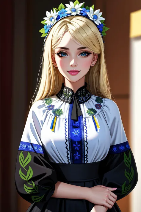 edgQuality,glossy bimbo,
4K, Masterpiece, highres, absurdres,natural volumetric lighting and best shadows,highly detailed face, highly detailed facial features, smiling, edgVyshivanka, blonde woman in a white,blue,yellow,green,pruple,black dress and a flower crown ,wearing edgVyshivanka, edgVyshivanka_style_embroidery,floral embroidery, floral print<lora:edgVyshivanka:0.95>