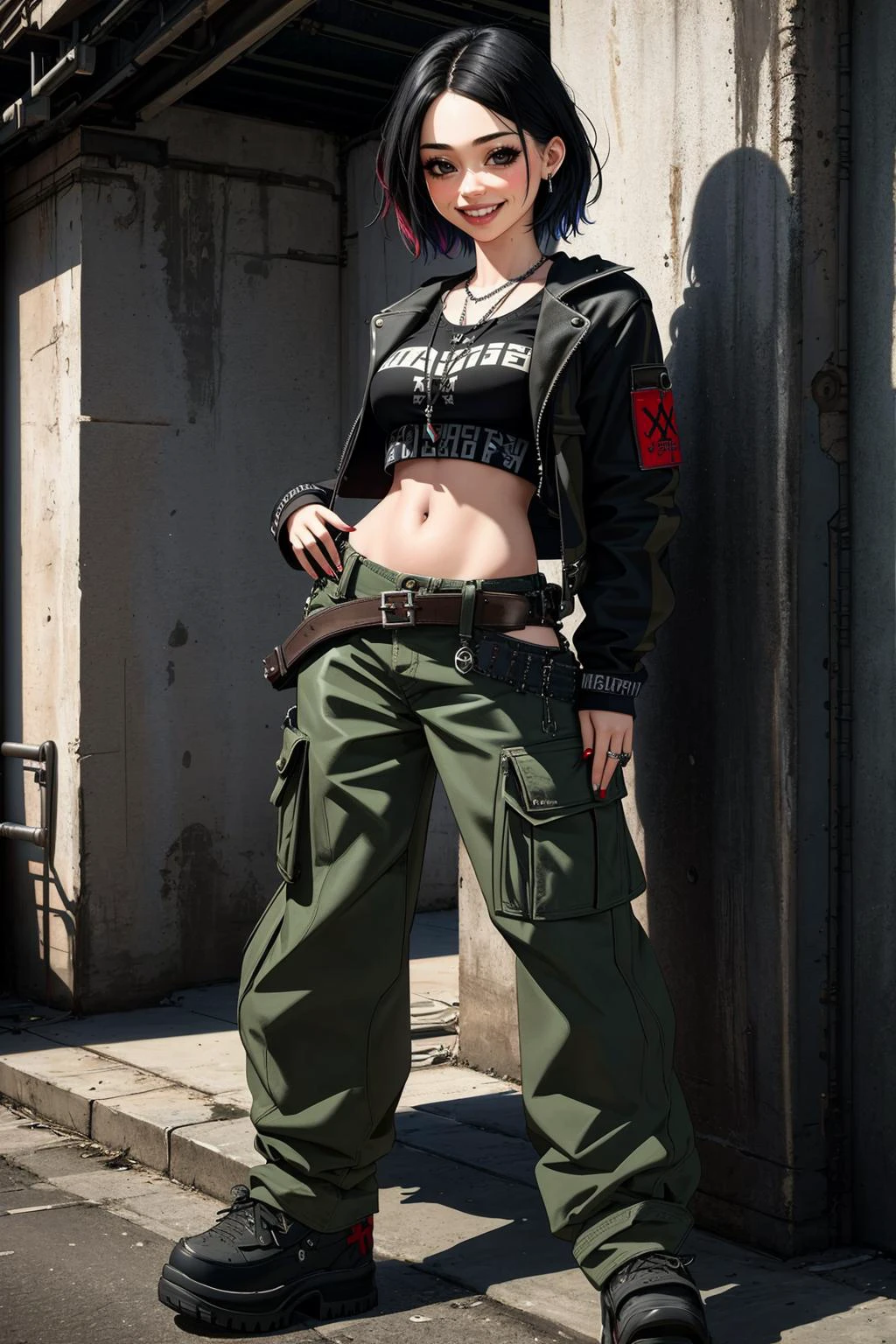 ((Masterpiece, best quality,edgQuality)),solo,1girl,smiling,excited,
edgGrunge, a woman posing for a picture ,wearing edgGrunge fashion,cargo pants,leather jacket,
<lora:edgGrungeFreestyle:1>