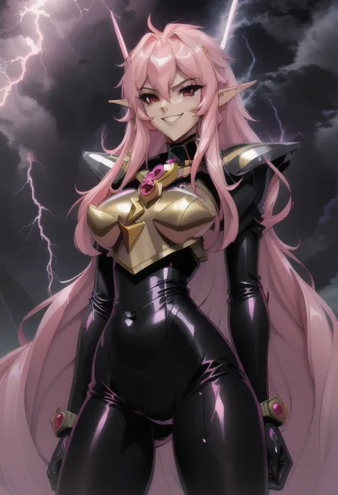 high quality, extremely detailed, perfect face,  <lora:Nova-10:1>, Nova, long pink hair, (black latex bodysuit), steel pauldrons, steel breastplate, long ears, evil smirk, evil laugh, medium breasts, (dark and stormy skies, lightning)