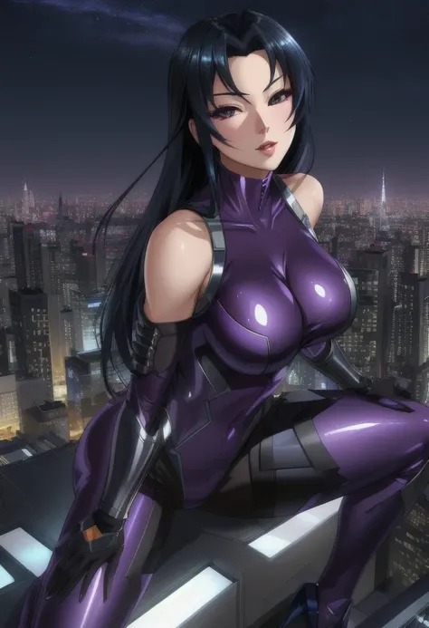 high quality, extremely detailed, perfect face, masterpiece, skyscraper rooftop, night time,  <lora:Igawa_Asagi-01:.8>, Igawa Asagi, long blue-black hair, sleeveless purple bodysuit, extremely glossy, large breasts, gauntlets