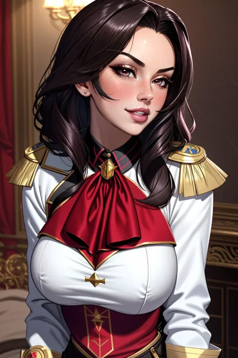 ((Masterpiece, best quality)),edgQuality,smirk,smug,dark hair,bimbo,glossy,
edgElegant, 1girl, solo, long hair, breasts, looking at viewer, blush, open mouth, epaulettes,wearing edgElegant
 <lora:edgElegant:1>