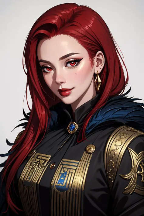 ((Masterpiece, best quality,edgQuality)),smirk,smug,
edgAyre, red hair,red eyes,
<lora:edgAyre_AC6:1>
edgfbb, a woman in a black dress and a gold jacket, covered in blue feathers , wearing edgfbb fashion <lora:edgFanBingBing_MINI:1>