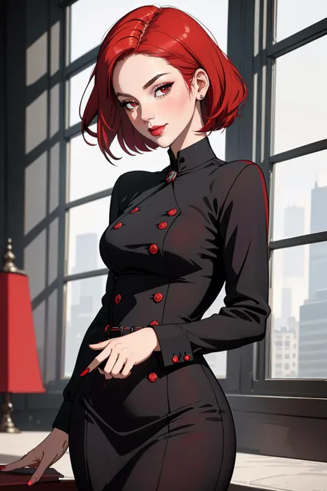 ((Masterpiece, best quality,edgQuality)),smirk,smug,
edgAyre, red hair,red eyes,
<lora:edgAyre_AC6:1>
edgpdress, a woman wearing a (pencil_dress, a woman wearing a black and white checkered pencil_dress, buttons, v shaped:1.125) <lora:edgPencilDress_MINI:0.8>