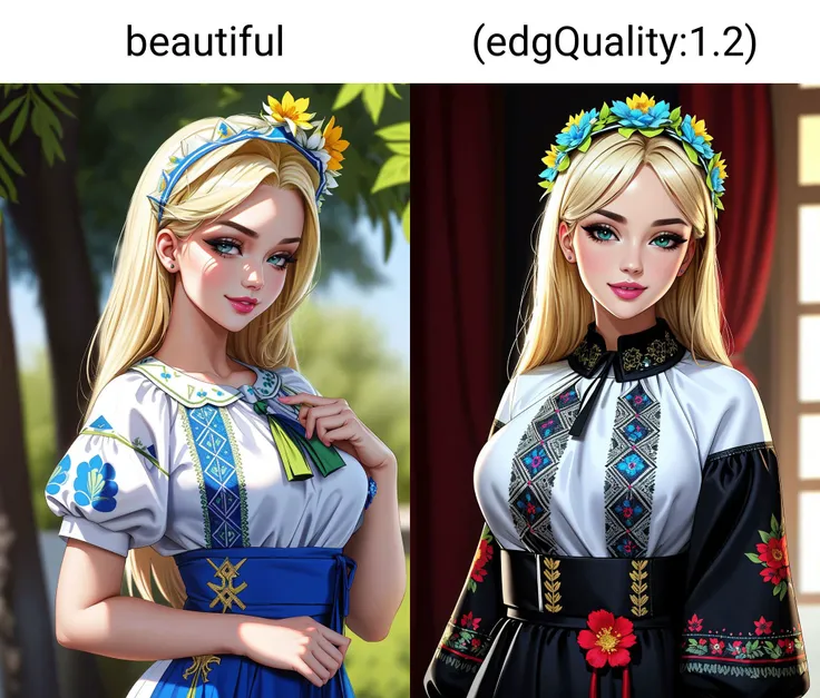 glossy bimbo,beautiful
4K, Masterpiece, highres, absurdres,natural volumetric lighting and best shadows,highly detailed face, highly detailed facial features, smiling, edgVyshivanka, blonde woman in a white,blue,yellow,green,pruple,black dress and a flower crown ,wearing edgVyshivanka, edgVyshivanka_style_embroidery,floral embroidery, floral print<lora:edgVyshivanka:0.95>