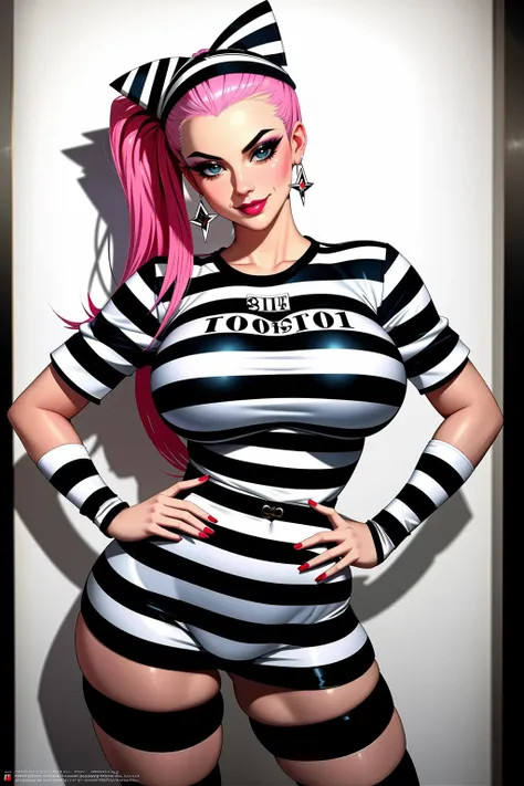 ((Masterpiece, best quality)),edgQuality,smirk,smug,bimbo glossy,
edgHJ,striped clothing, a woman in a jail outfit posing for a picture ,wearing edgHJ,
<lora:edgHornyJail2:0.8>