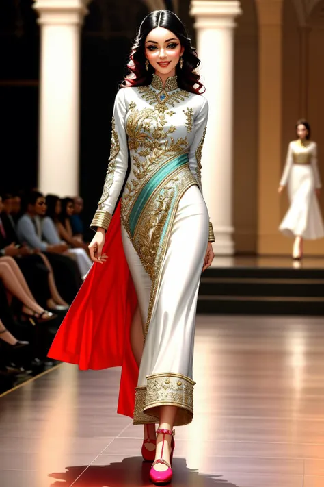 ((Masterpiece, best quality,edgQuality)),smile,smirk,
edgBW, a woman walking down a runway wearing a dress ,wearing edgBW fashion,designer dress
<lora:edgBollywoodCouture:1>