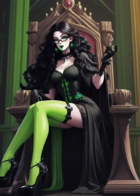 realistic cartoon, in a fantasy castle room, bone decorations, Taylor Hebert from web serial Worm, prosthetic left arm, long wavy curly black hair, glowing green eyes, glasses, dark makeup, black lips, heavy eye-shadow, eyelashes, green fantasy bone dress, black stockings, throne, sitting, glowing green high heels, realistic proportions,