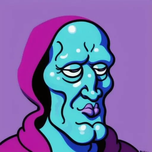 oil painting, masterpiece, <lora:handsome-squidward:0.7> Handsome-squidward, Handsome squidward, blue skin, blue, pink lips ,shadowwizardmoneygang <lora:shadowwizardmoneygang:0.4>,purple hood