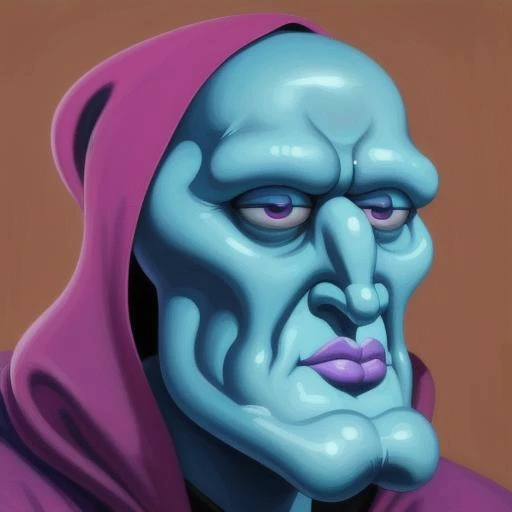 oil painting, masterpiece, <lora:handsome-squidward:0.6> Handsome-squidward, Handsome squidward, blue skin, blue, pink lips ,shadowwizardmoneygang <lora:shadowwizardmoneygang:0.2>,purple hood,oil painting