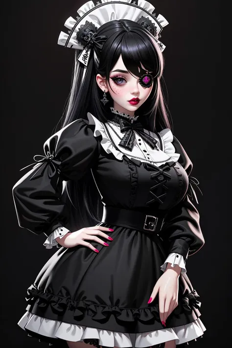 ((Masterpiece, best quality)), edgQuality,bimbo,glossy,(hands on hip)
GothGal, a woman in a black and white dress,ribbon,lace,goth print , eyepatch,woman wearing a GothGal outfit <lora:edgGothGal_MINI:1>