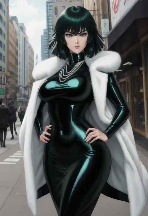 high quality, extremely detailed, perfect face, masterpiece, city street, <lora:fubuki-v2:.7>, Fubuki \(one punch man\), green-black hair, (long sleeved black latex mermaid dress), white fur coat, necklace, large breasts