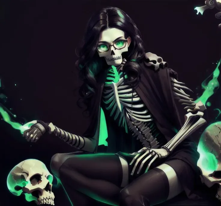 masterpiece, high res, 4k, best quality, beautiful face, detailed face, ultra-detailed, in a fantasy castle, glowing green, couch, sitting, androgynous body, skeletal left arm, teenager, young face, Taylor Hebert from web serial Worm, long wavy curly black hair, green eyes, glasses, green lipstick, (NecromancyAI robes) bone details, long green dress with bone design, black stockings, edgQuality,<lora:NecromancyAI:0.9>, <lora:breastsizeslideroffset:-1>, <lora:edg_DeathKnight:0.6>, <lora:BoneyardAI:0.3>