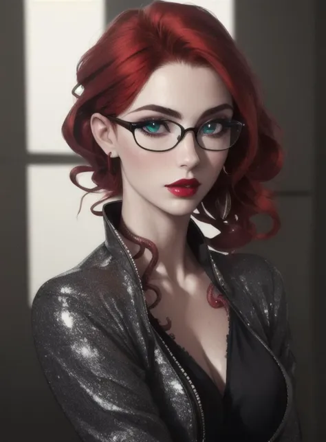 ((masterpiece, high res, 4k, best quality, edgQuality))beautiful face, detailed face, ultra-detailed, well lit, bright light, androgynous body, young face, Taylor Hebert from web serial Worm,  long red hair, green eyes, glasses, wide eyes, red lipstick, tentacle clothes, high heels, jacket, leggings, <lora:tentacle_clothes:1>