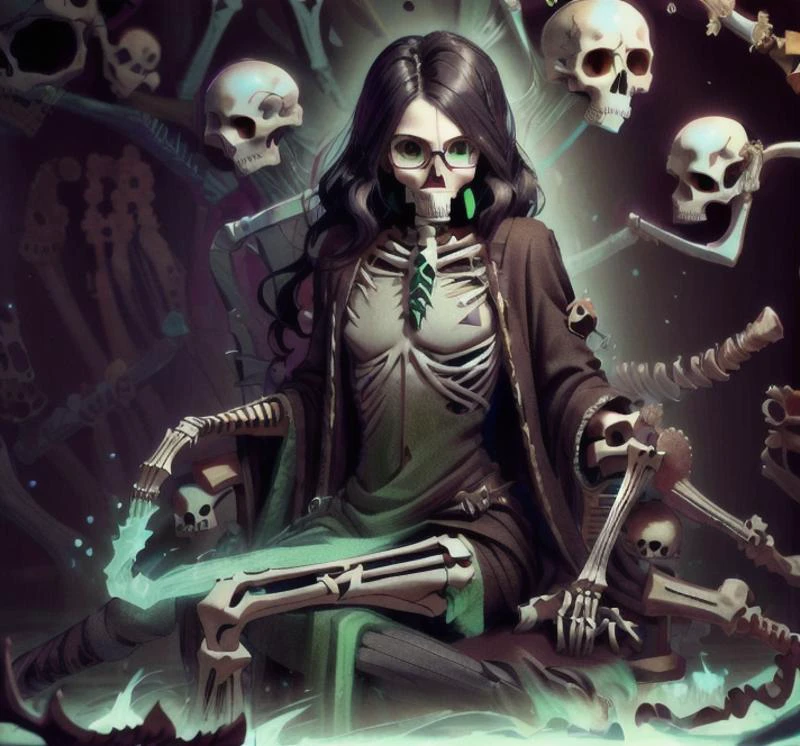 masterpiece, high res, 4k, best quality, beautiful face, detailed face, ultra-detailed, in a fantasy castle, glowing green, couch, sitting, androgynous body, skeletal left arm, teenager, young face, Taylor Hebert from web serial Worm, long wavy curly black hair, green eyes, glasses, green lipstick, (NecromancyAI robes) bone details, long green dress with bone design, black stockings, edgQuality,<lora:NecromancyAI:0.9>, <lora:breastsizeslideroffset:-1>, <lora:edg_DeathKnight:0.6>, <lora:BoneyardAI:1>