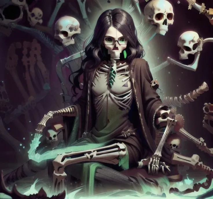 masterpiece, high res, 4k, best quality, beautiful face, detailed face, ultra-detailed, in a fantasy castle, glowing green, couch, sitting, androgynous body, skeletal left arm, teenager, young face, Taylor Hebert from web serial Worm, long wavy curly black hair, green eyes, glasses, green lipstick, (NecromancyAI robes) bone details, long green dress with bone design, black stockings, edgQuality,<lora:NecromancyAI:0.9>, <lora:breastsizeslideroffset:-1>, <lora:edg_DeathKnight:0.6>, <lora:BoneyardAI:1>