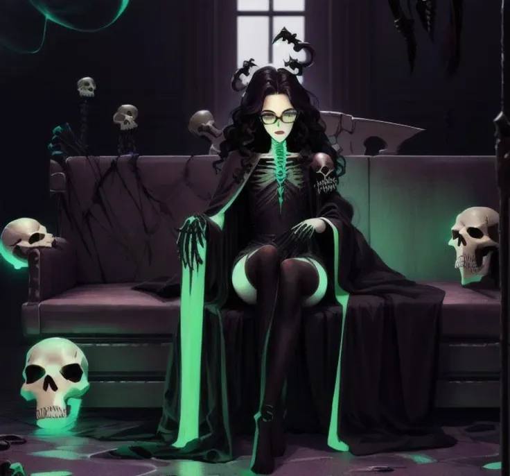 masterpiece, high res, 4k, best quality, beautiful face, detailed face, ultra-detailed, in a fantasy castle, glowing green, couch, sitting, androgynous body, skeletal left arm, teenager, young face, Taylor Hebert from web serial Worm, long wavy curly black hair, green eyes, glasses, green lipstick, (NecromancyAI robes) Bone details, long green dress with bone design, black stockings, edgQuality,<lora:NecromancyAI:0.9>, <lora:breastsizeslideroffset:-1>, <lora:edg_DeathKnight:0.6>,
